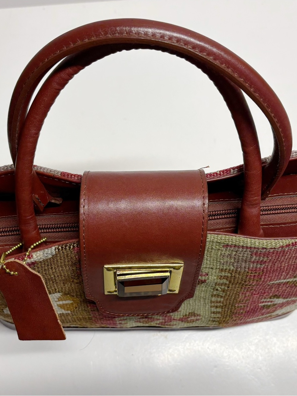 Red Kilim-Pattern Leather-Trim Tote - Picture 6 of 10